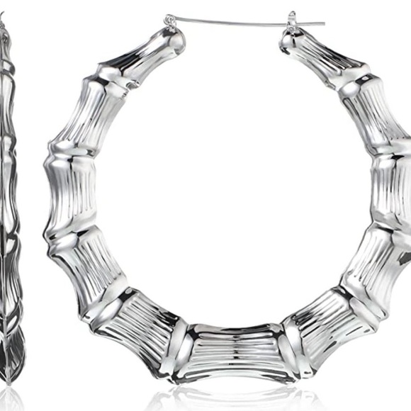 Bamboo Style Silver Hoop Dangle Drop 3.5” Length Fashion Earrings. - Picture 2 of 3